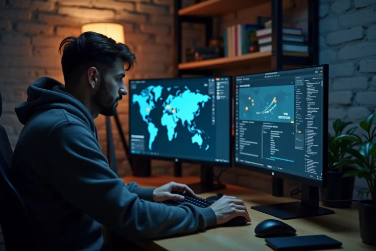 Homme utilisant un VPN et un client torrent sur son ordinateur de bureau dans un bureau à domicile