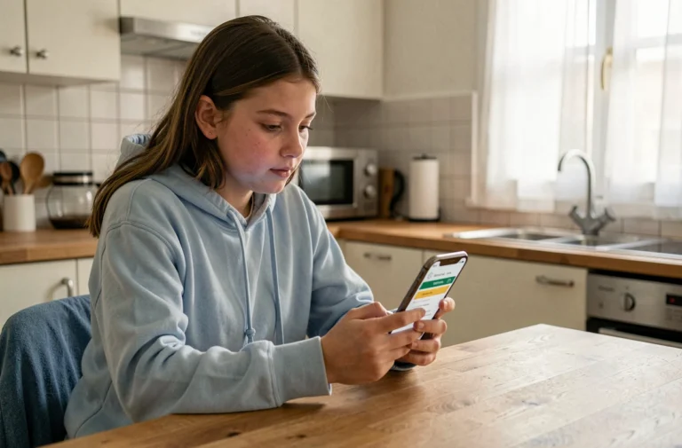 Adolescente consultant un forfait mobile Free sur son smartphone dans une cuisine moderne