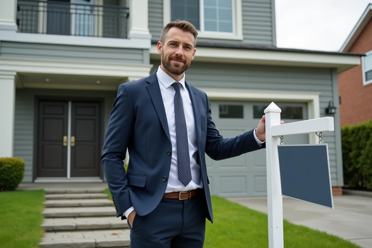 Agent immobilier posant devant une maison avec panneau vente