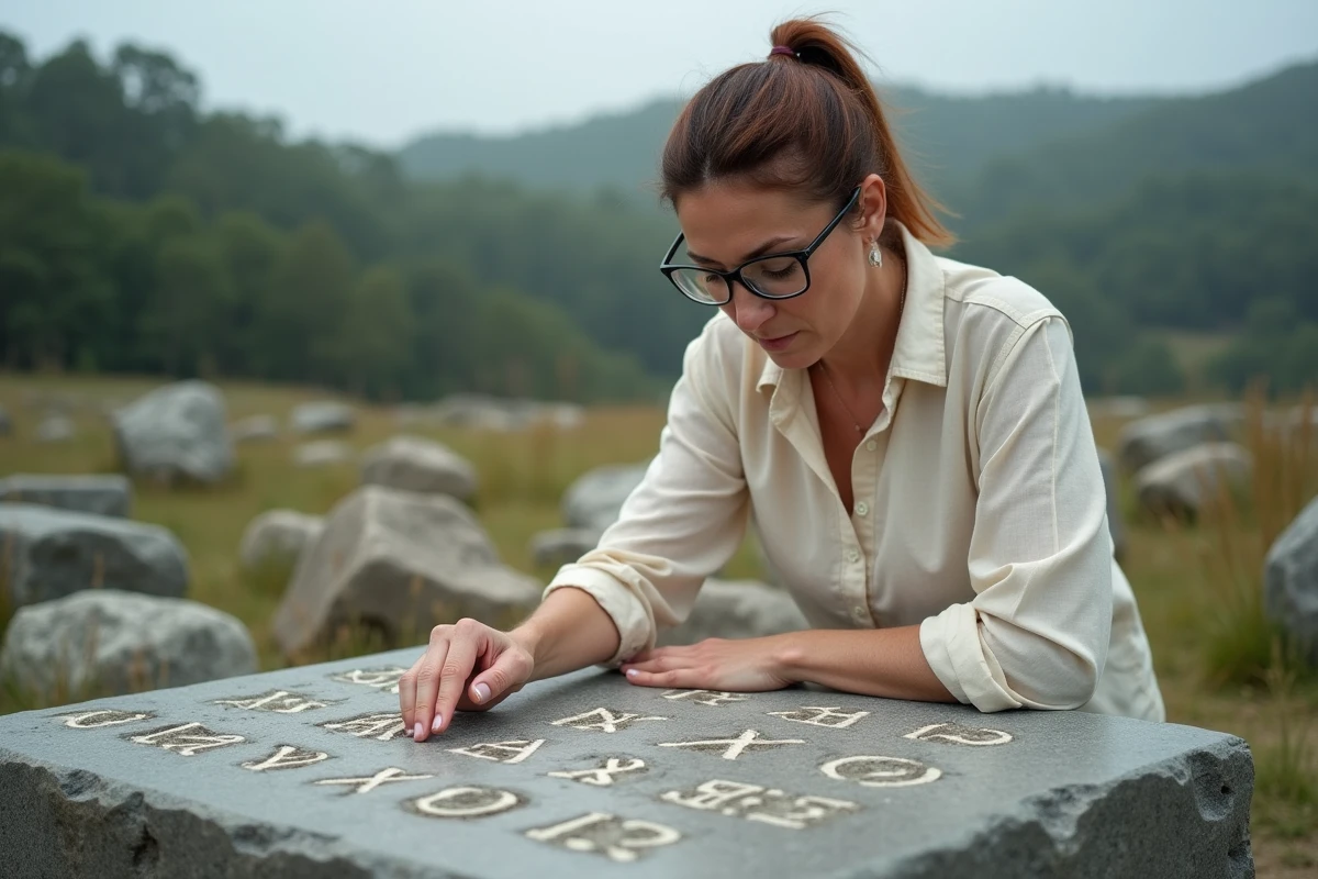 Femme archéologue traçant des runes Bourzeix gravées sur une pierre de granit lors d'une fouille archéologique en France