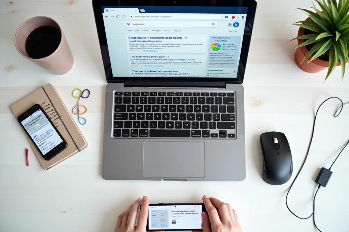 Vue de dessus d'un bureau avec ordinateur portable affichant un proxy torrent, smartphone avec VPN et notes sur la confidentialité en ligne