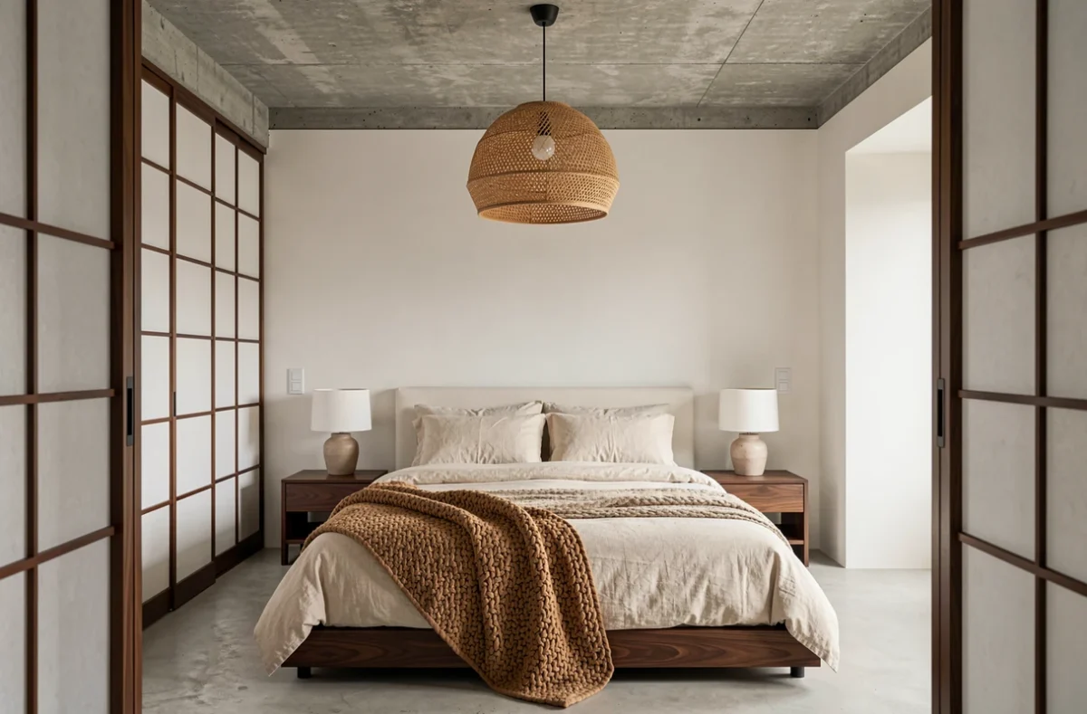 Chambre principale de style japandi avec lit bas en lin ivoire, jeté en camel et cloison shoji pour une décoration épurée et tendance