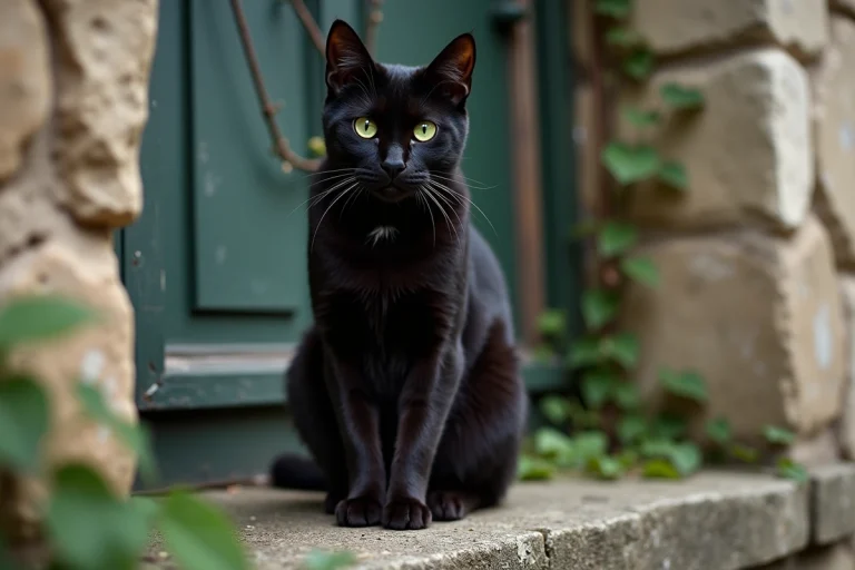 Chat noir aux yeux verts perché sur un rebord de fenêtre en pierre ancienne, regard perçant et mystérieux