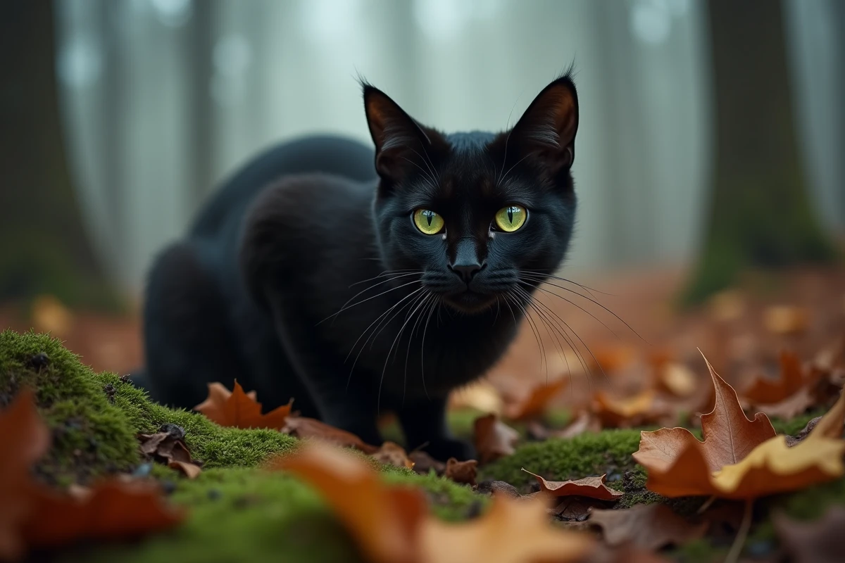 Chat noir aux yeux verts émeraude tapi dans une forêt brumeuse en automne, ambiance mystérieuse et symbolique