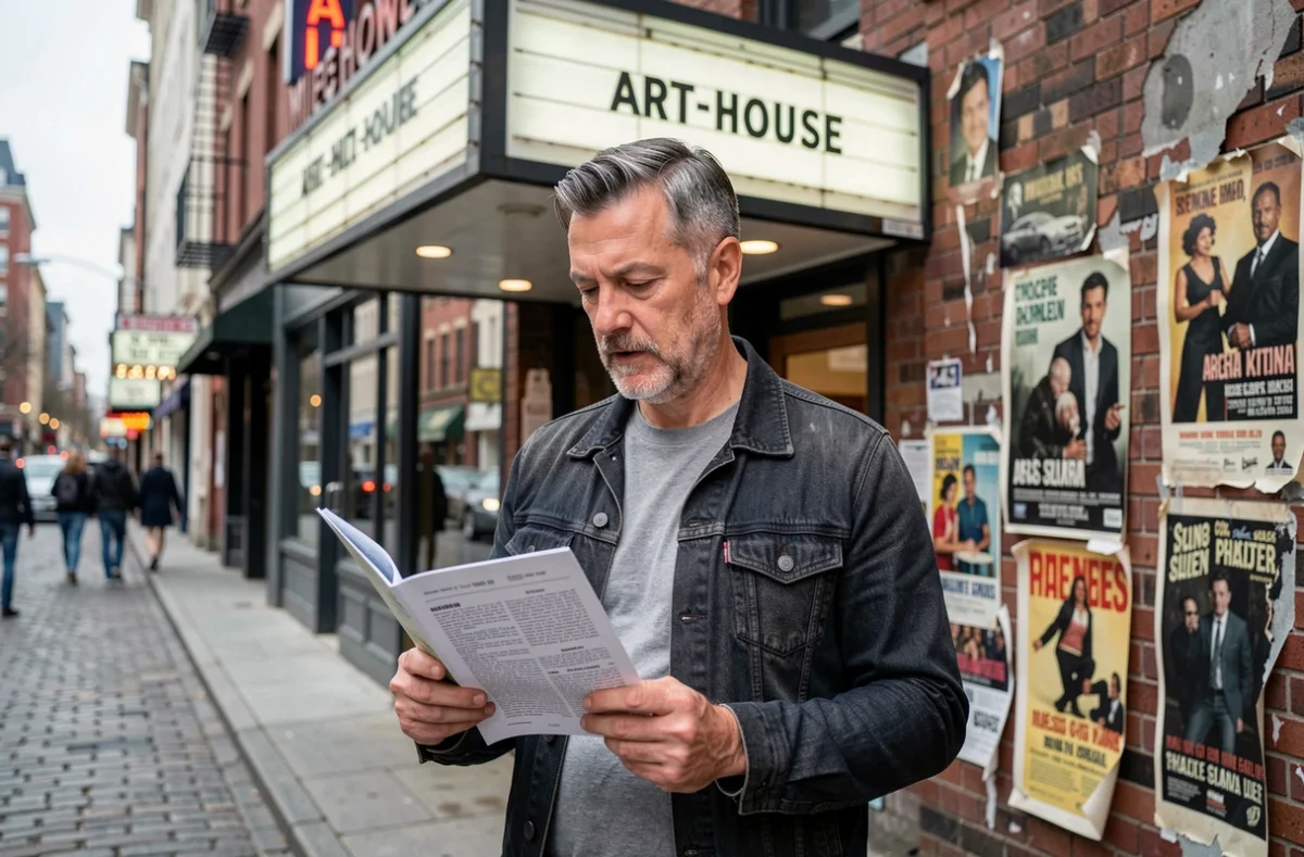 Cinéphile homme consultant le programme d'un cinéma indépendant devant une façade vintage avec marquise rétro