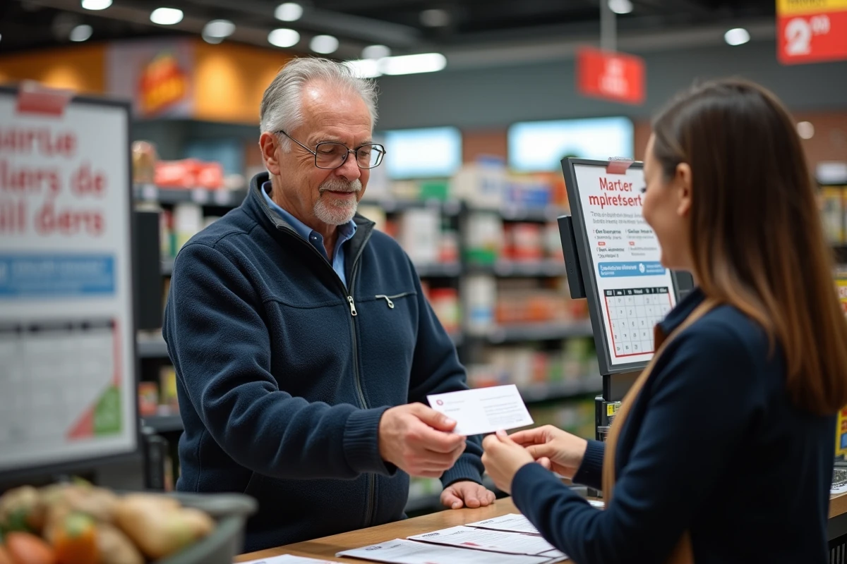 Client remettant un chèque différé à une caissière lors d'un passage en caisse dans un hypermarché Leclerc