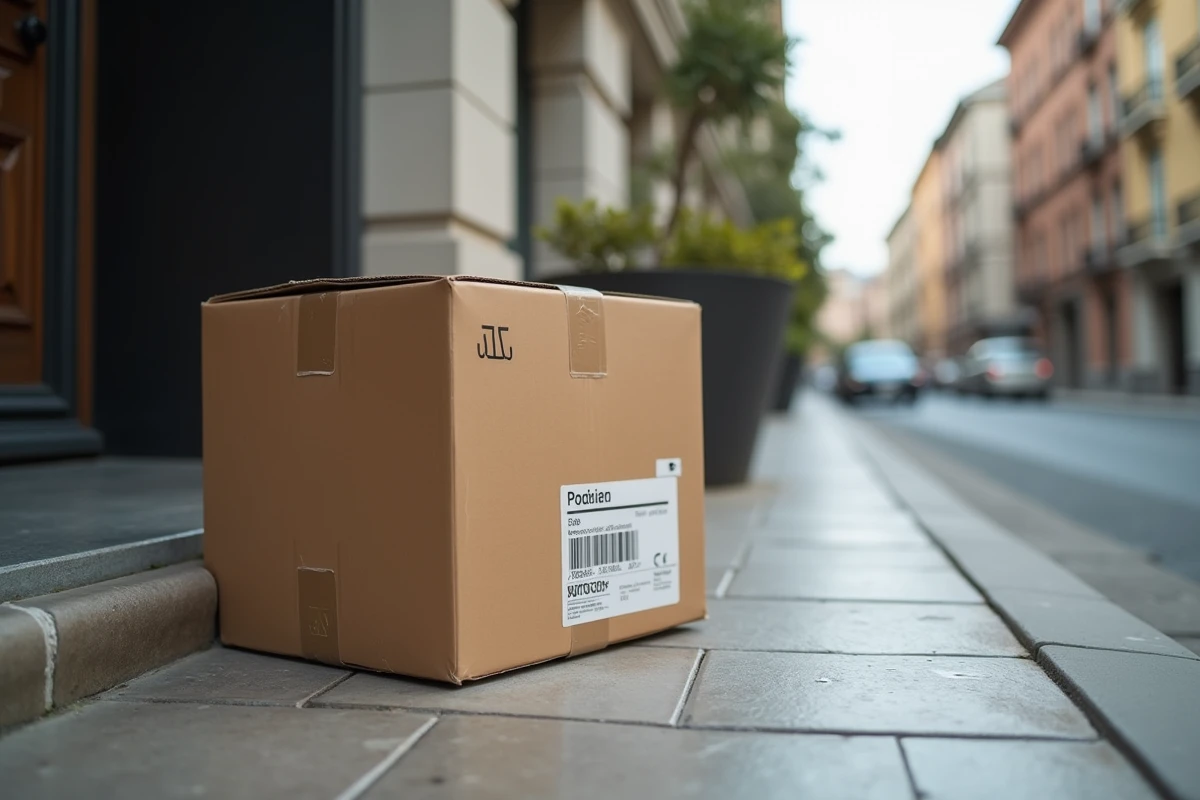 Colis de livraison posé devant la porte d'un appartement en attente d'être récupéré