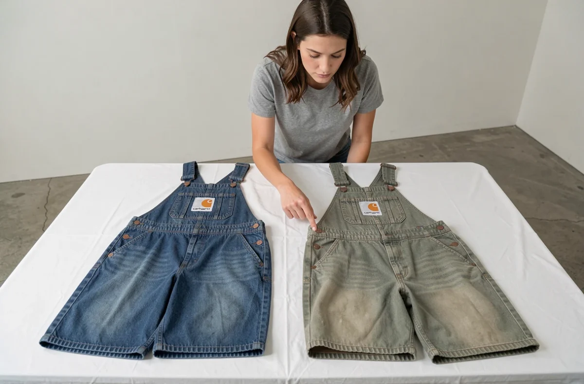 Comparaison côte à côte d'une salopette Carhartt authentique et d'une contrefaçon, mettant en évidence les différences de couture et de rivets