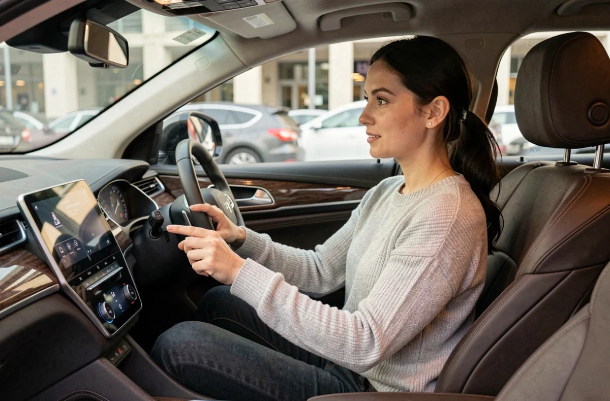 Femme utilisant l'écran tactile multimédia à bord d'un SUV moderne aux finitions premium
