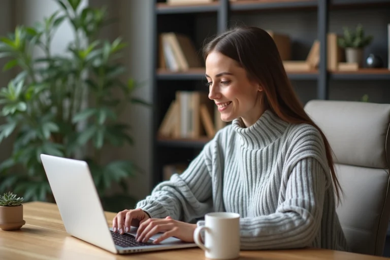 Femme se connectant à son compte Wannonce sur un ordinateur portable dans un bureau à domicile moderne