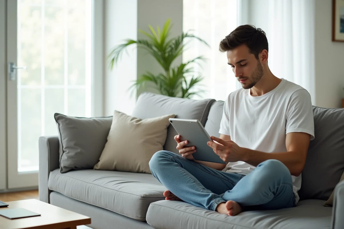 Jeune personne se connectant à un compte Wannonce sur tablette dans un salon moderne