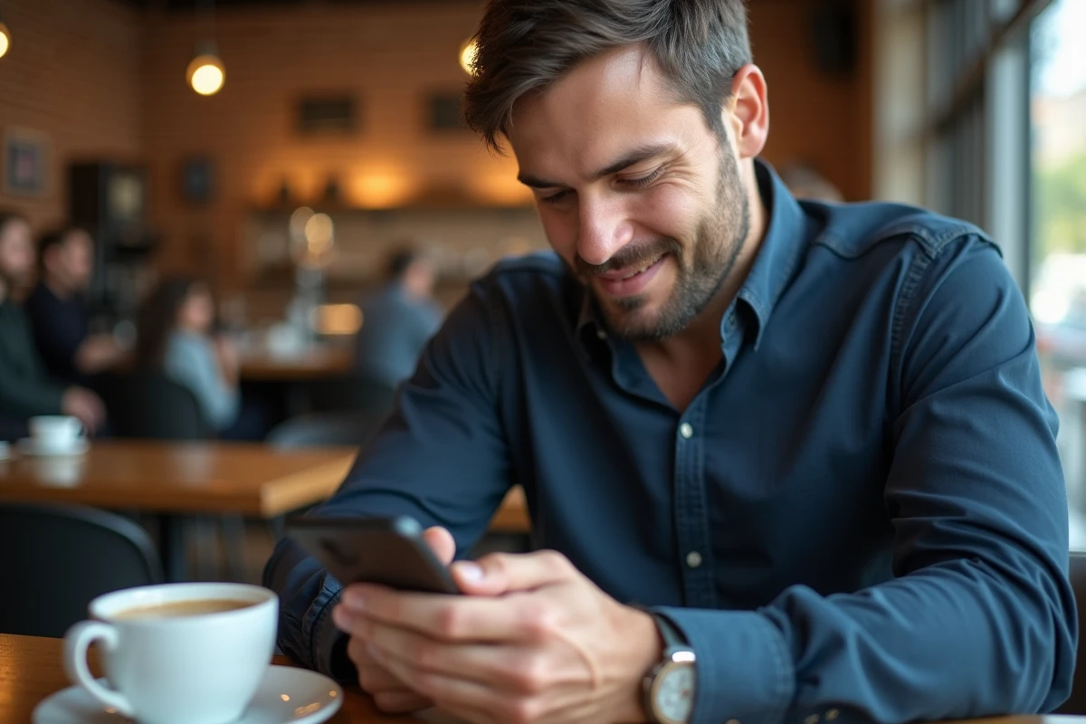 Homme consultant son compte Wannonce sur smartphone dans un café urbain