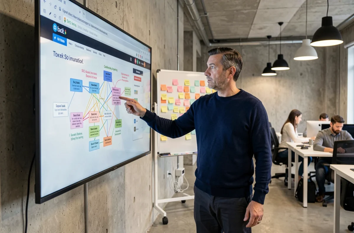 Consultant SEO masculin présentant une stratégie de référencement sur un grand écran dans un espace de coworking