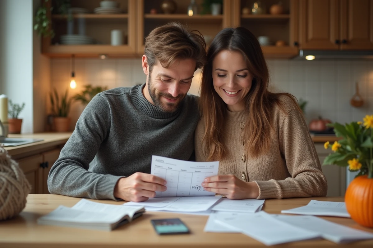 Couple planifiant leurs achats avec un chèque différé Leclerc et un calendrier 2026 dans une cuisine