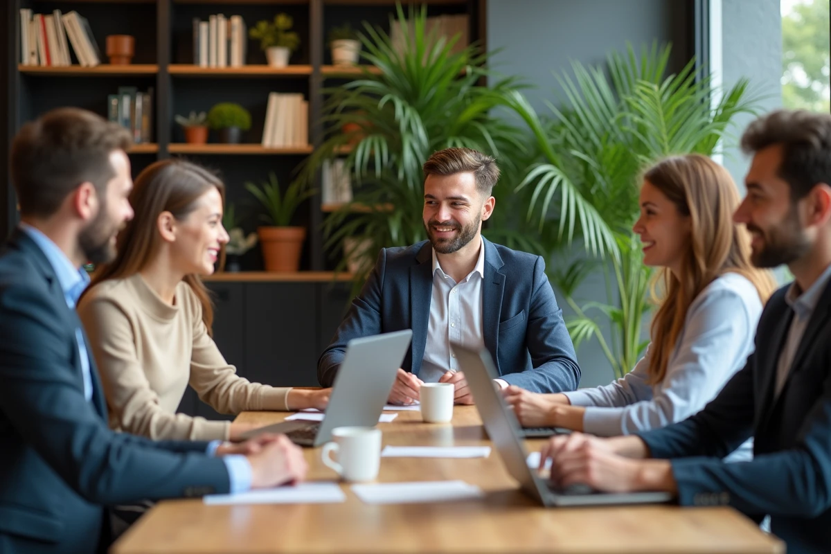 Groupe de jeunes professionnels en réunion dans un espace coworking