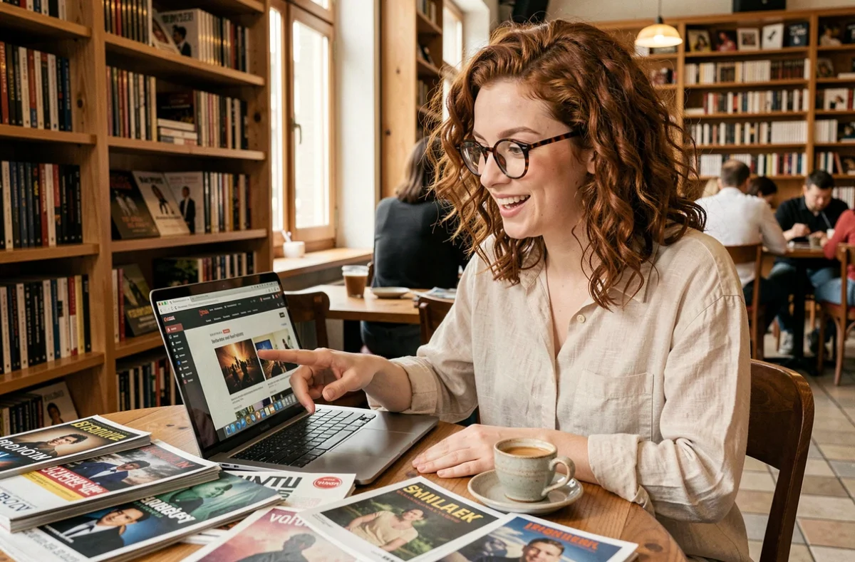 Jeune critique de cinéma rédigeant une critique dans un café entourée de magazines de film et d'un ordinateur portable