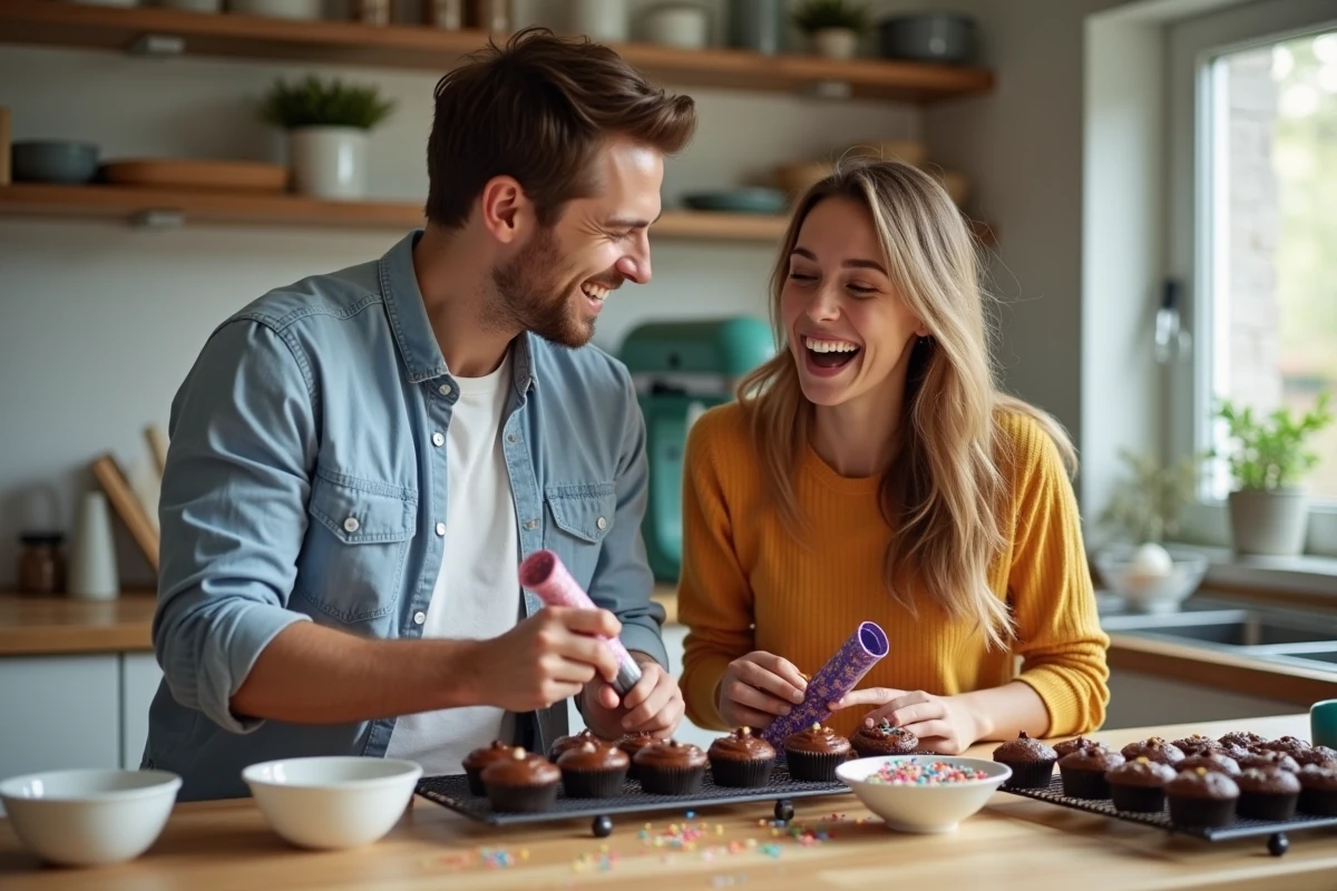 Couple de jeunes adultes décorant des cupcakes au chocolat faits maison dans une cuisine moderne avec des éclats de rire