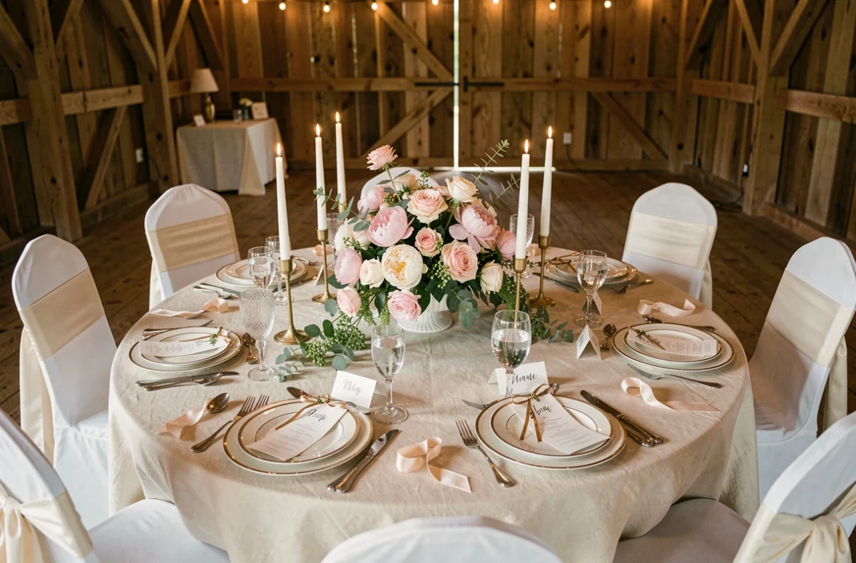 Table de réception de mariage décorée avec des fleurs, des bougies et une vaisselle élégante dans une grange rustique
