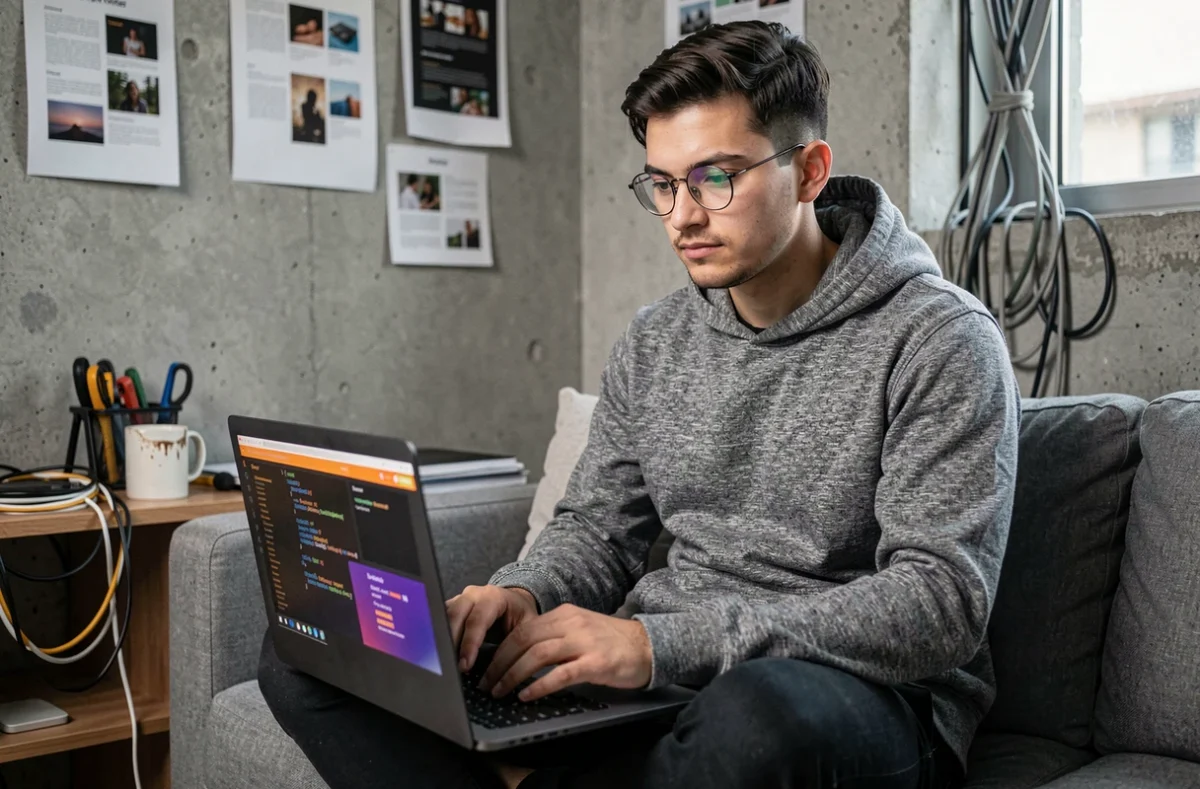 Jeune développeur web travaillant sur du code front-end et une interface moderne sur son laptop dans un studio créatif