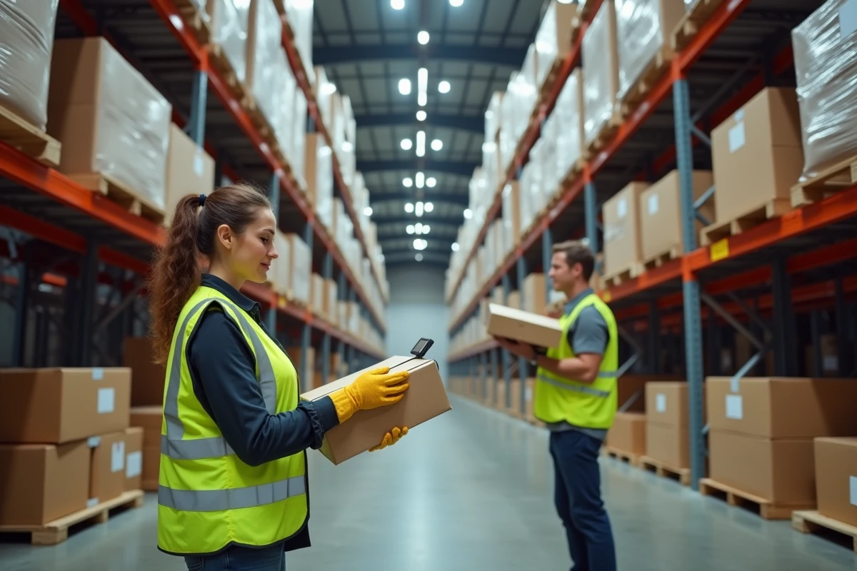 Entrepôt logistique de mode avec une employée scannant des colis avant expédition