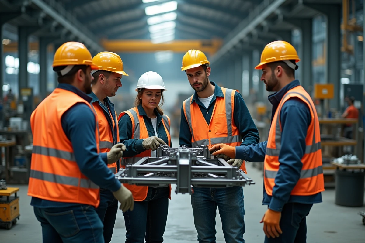 Equipe diversifiee assemblee une machine industrielle