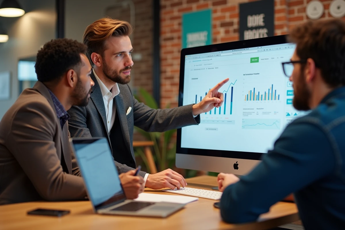 Groupe de spécialistes marketing discutant autour d un ordinateur