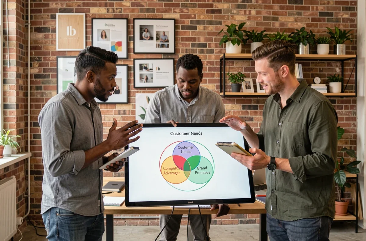 Équipe marketing diversifiée collaborant autour d'un diagramme de Venn illustrant le triangle d'or du positionnement sur une tablette dans un studio créatif