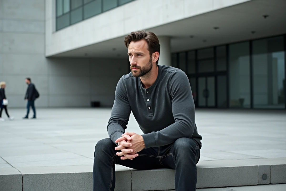 Portrait éditorial d'un acteur aux allures athlétiques assis sur les marches d'un bâtiment moderne en béton, expression concentrée et posture décontractée