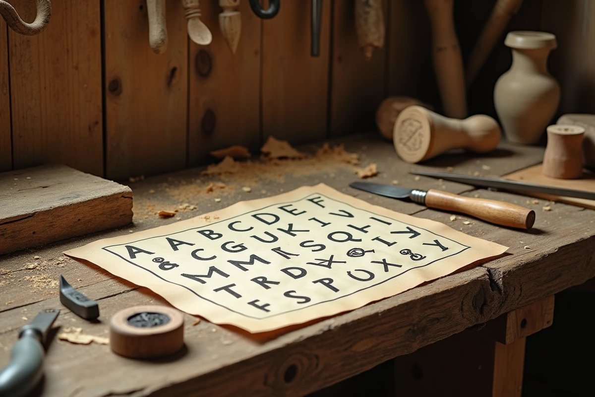 Établi d'artisan avec des planches de l'alphabet runique Bourzeix dessinées à la main, des ciseaux à bois et des écorces de bouleau gravées de runes
