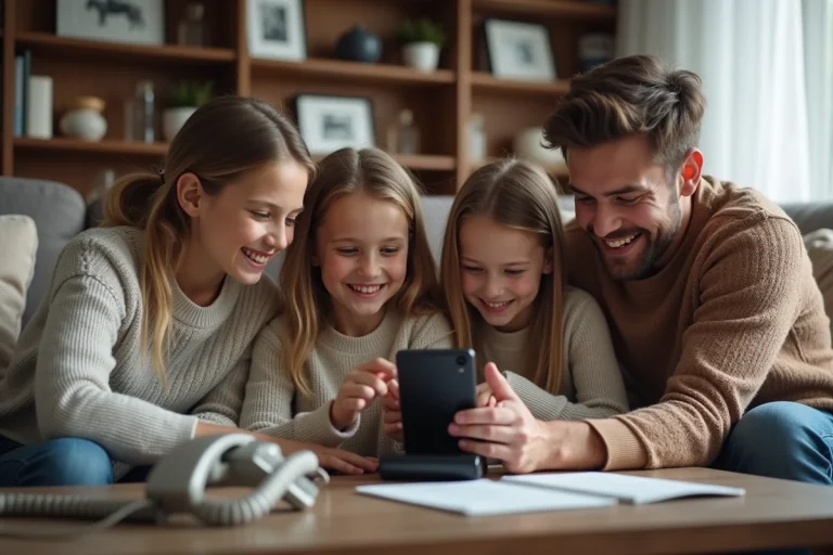 Famille de quatre autour d'une table à la maison en train de configurer la messagerie vocale