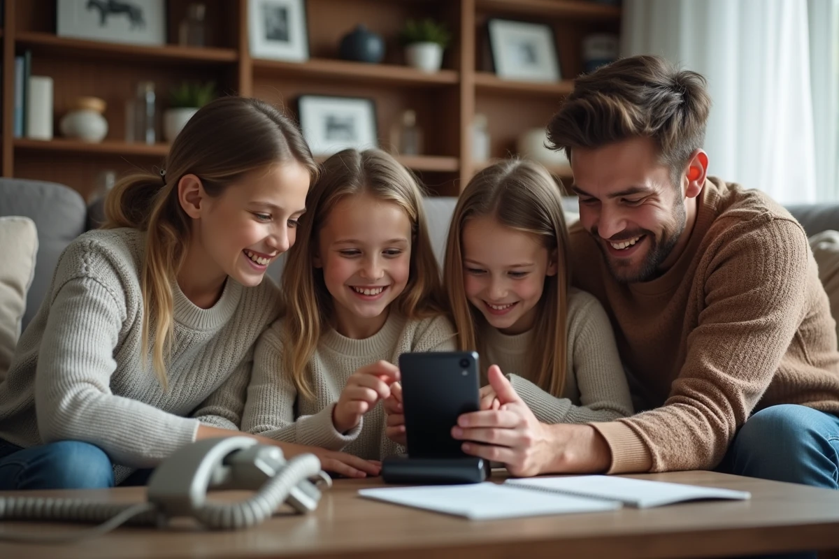 Famille de quatre autour d'une table à la maison en train de configurer la messagerie vocale