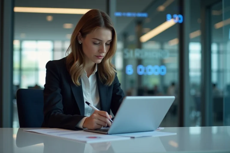 Femme en tenue professionnelle regardant une tablette d'actualités