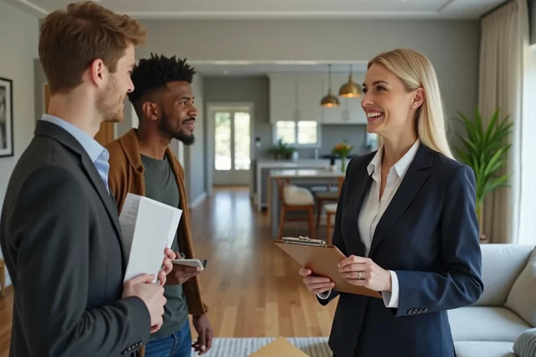 Femme d'affaires souriante avec un couple dans un salon moderne