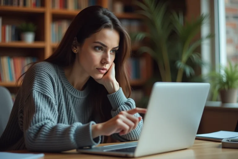 Femme analysant un email suspect sur son ordinateur portable pour identifier une arnaque en ligne