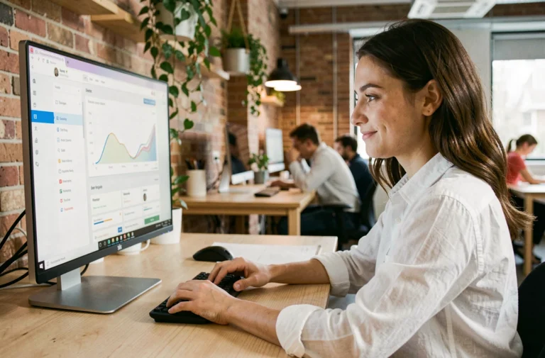 Jeune femme professionnelle analysant les tendances web sur un grand écran dans un espace de co-working moderne