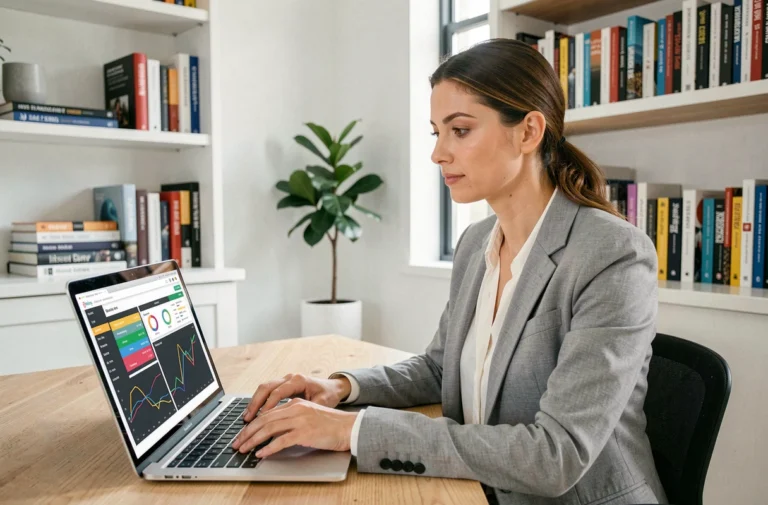 Femme analyste SEO travaillant sur des tableaux de bord de référencement naturel sur un ordinateur portable dans un bureau moderne