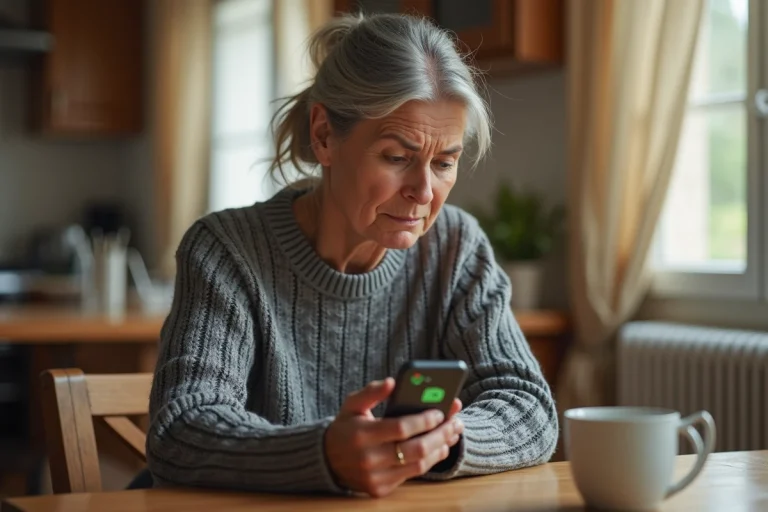 Femme méfiante regardant un appel entrant suspect sur son smartphone avec un numéro commençant par 05