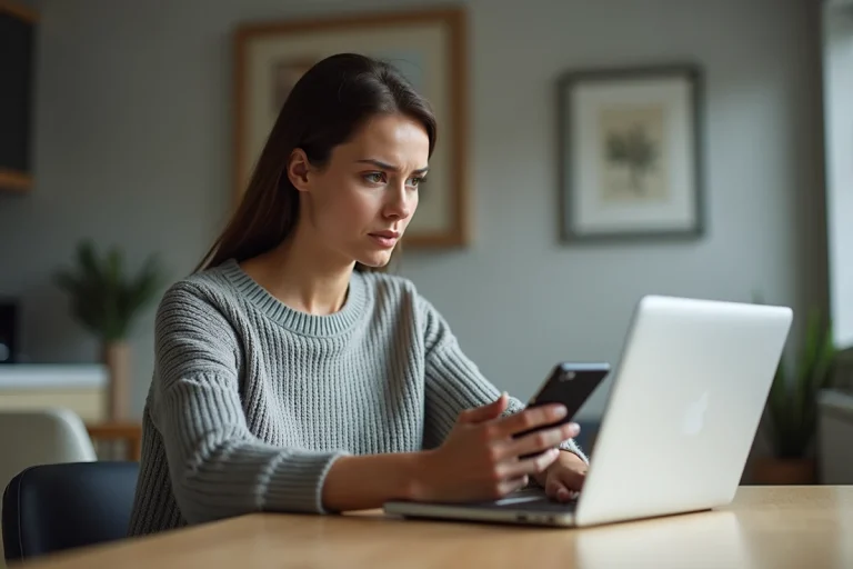 Femme au bureau concentrée sur son ordinateur portable