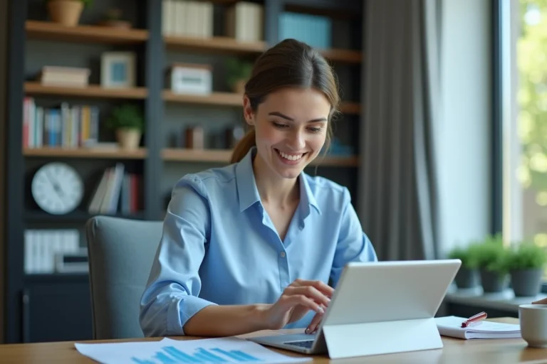 Jeune femme professionnelle utilisant une tablette dans un bureau moderne