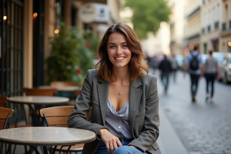 Femme élégante assise au café parisien avec rue animée