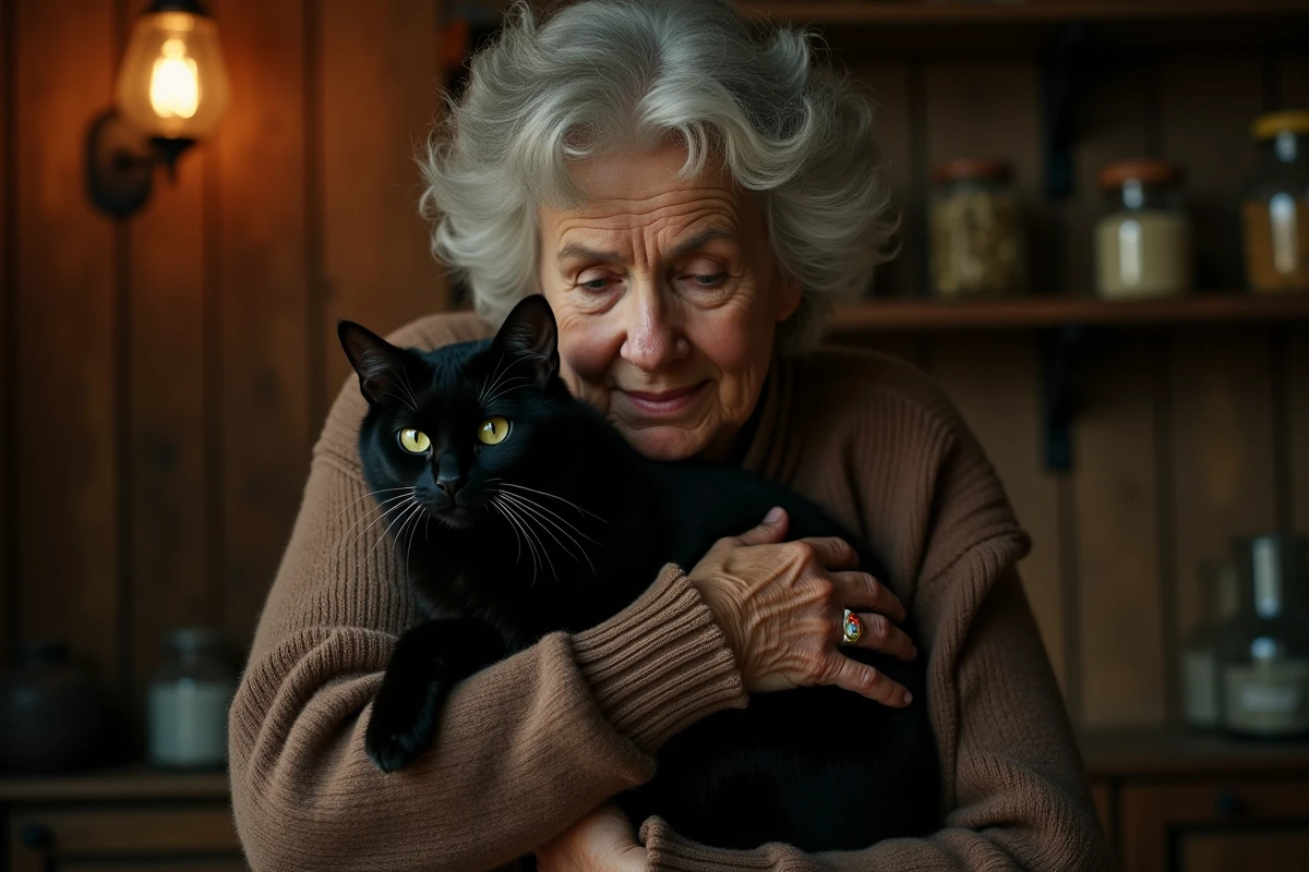 Femme âgée tenant un chat noir aux yeux verts dans une cuisine vintage, symbolisme et fascination pour les superstitions