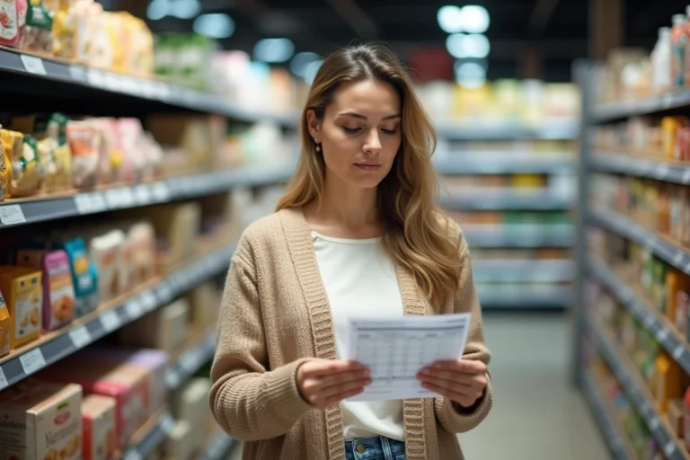 Femme tenant un chèque différé et un calendrier dans une allée de supermarché Leclerc