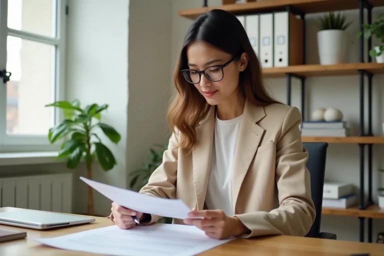 Femme examinant un contrat de location immobilière à son bureau à domicile