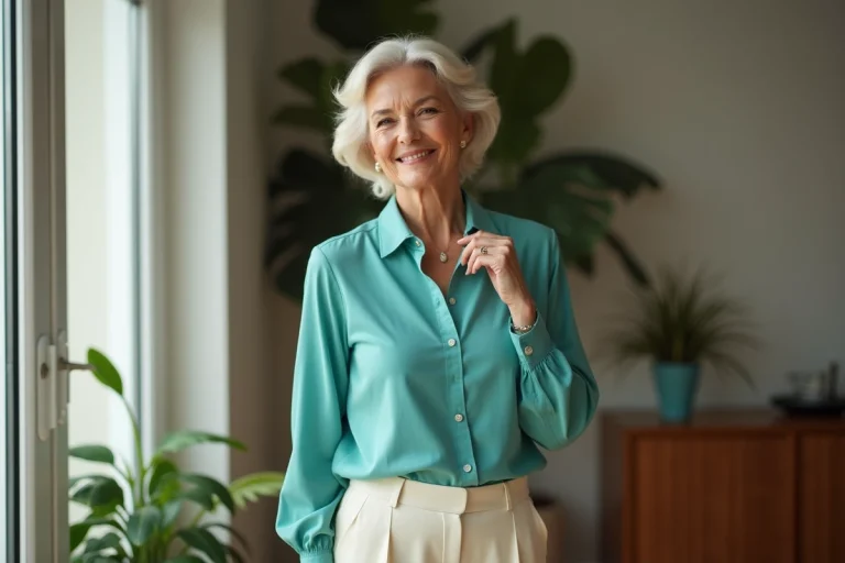 Femme élégante en blouse turquoise souriante