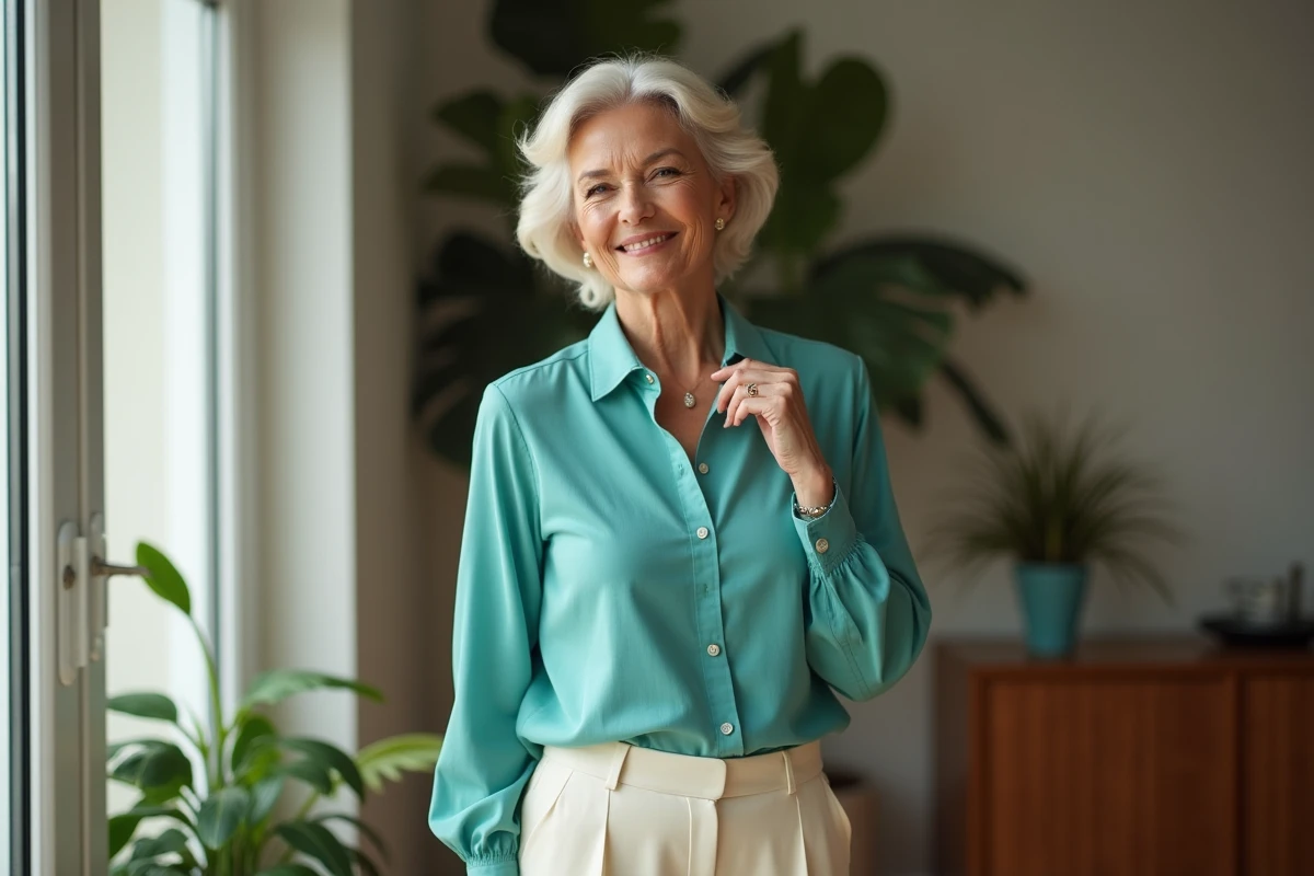 Femme élégante en blouse turquoise souriante