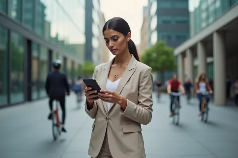 Femme élégante en blazer dans une rue urbaine moderne