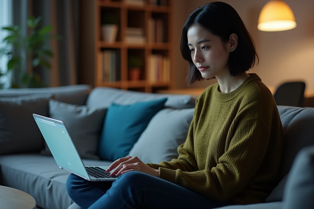 Femme accédant à un site proxy pour torrents sur son ordinateur portable dans un salon moderne