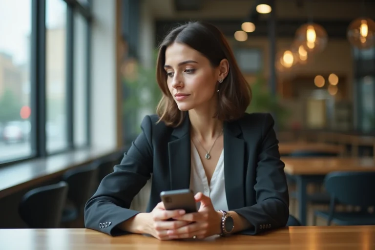 Femme en blazer regardant son smartphone dans un cadre urbain