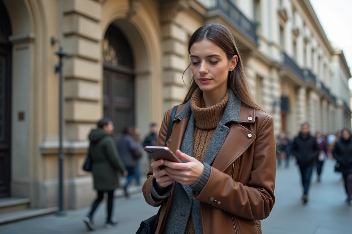 Jeune femme vérifiant son smartphone devant une banque