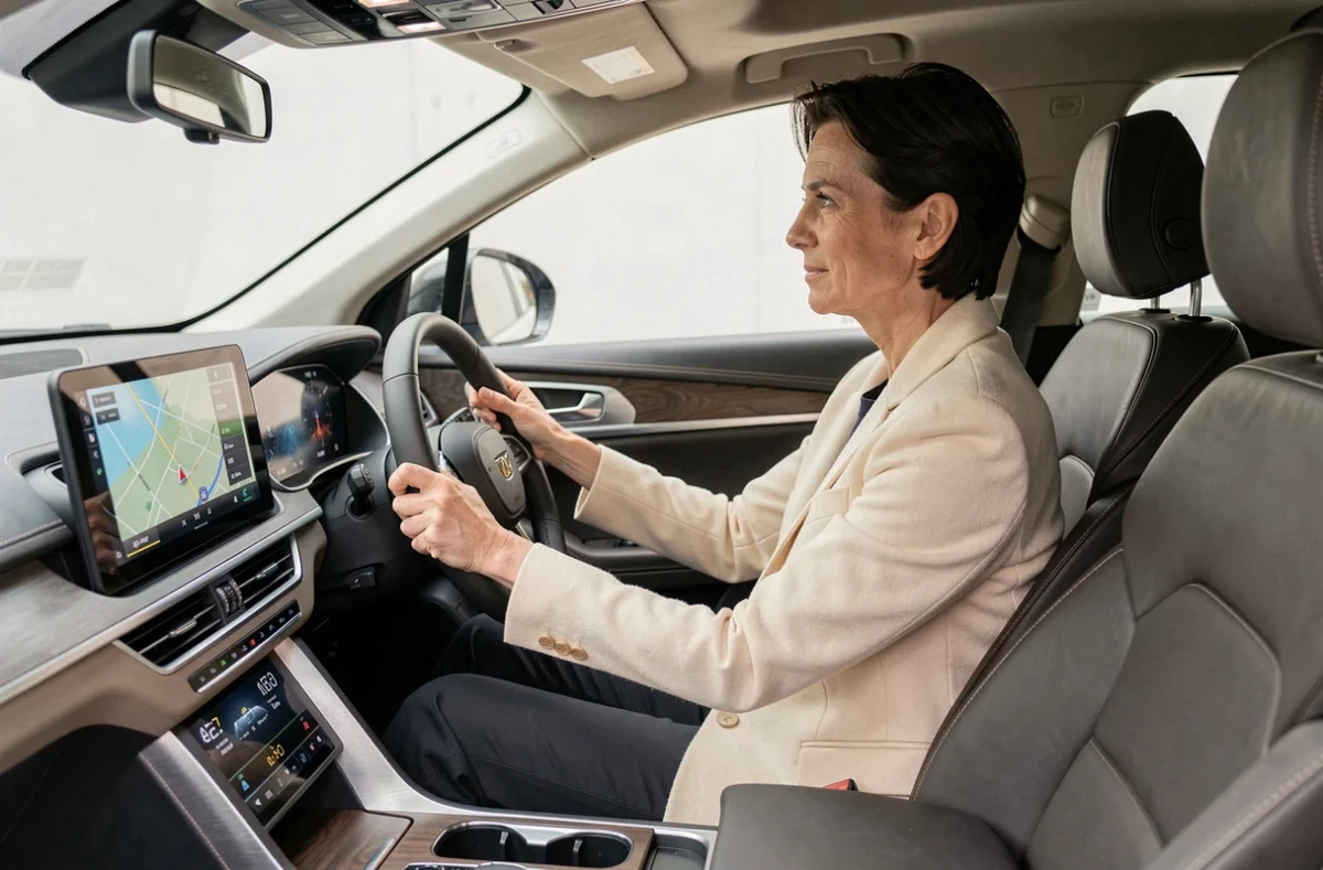 Femme au volant d'un SUV connecté avec tableau de bord numérique haute technologie